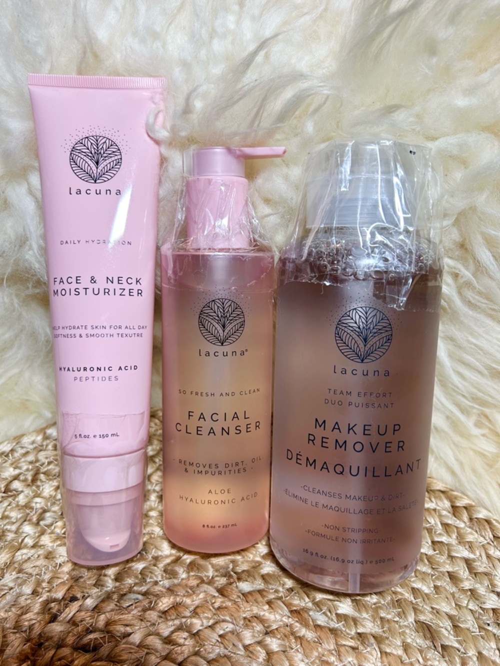 Lacuna Pink Makeup Remover & Facial Care Trio — Hydrating Cleanse & Moisturize